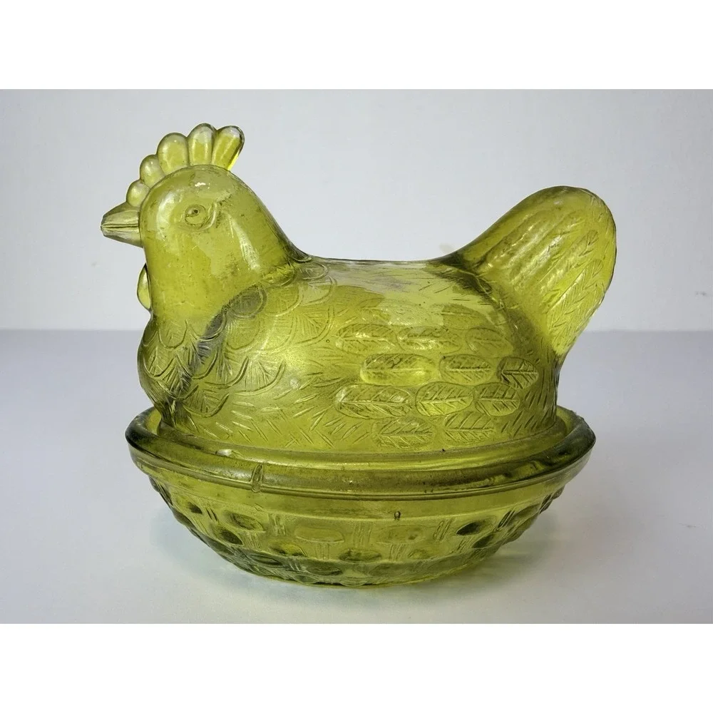 MCM Mini Olive Green Glass Hen On Nest Covered Dish Trinket Salt Cellar Cottage